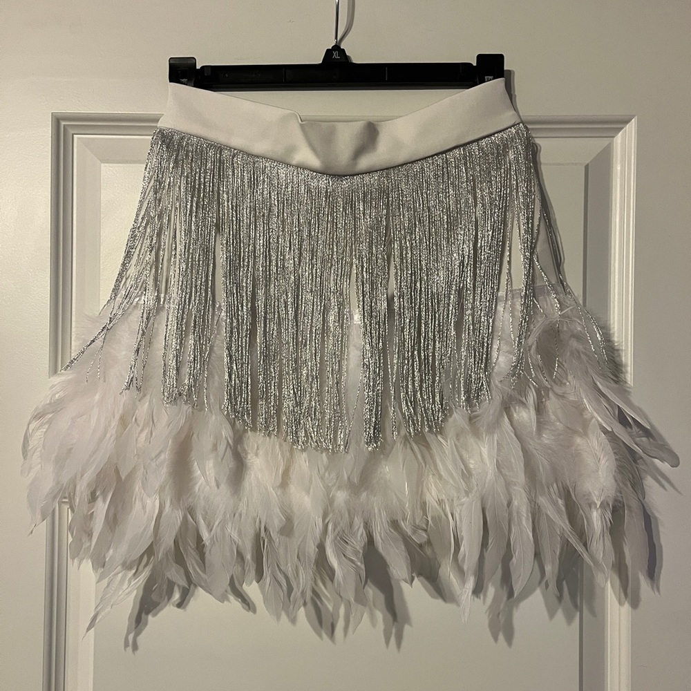 White Fringe and Feather Skirt